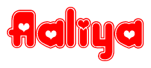 The image is a red and white graphic with the word Aaliya written in a decorative script. Each letter in  is contained within its own outlined bubble-like shape. Inside each letter, there is a white heart symbol.