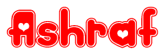 The image is a red and white graphic with the word Ashraf written in a decorative script. Each letter in  is contained within its own outlined bubble-like shape. Inside each letter, there is a white heart symbol.