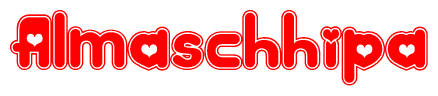 The image is a clipart featuring the word Almaschhipa written in a stylized font with a heart shape replacing inserted into the center of each letter. The color scheme of the text and hearts is red with a light outline.
