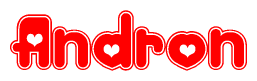 The image is a clipart featuring the word Andron written in a stylized font with a heart shape replacing inserted into the center of each letter. The color scheme of the text and hearts is red with a light outline.