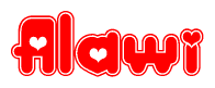 The image is a clipart featuring the word Alawi written in a stylized font with a heart shape replacing inserted into the center of each letter. The color scheme of the text and hearts is red with a light outline.