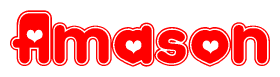 The image is a clipart featuring the word Amason written in a stylized font with a heart shape replacing inserted into the center of each letter. The color scheme of the text and hearts is red with a light outline.