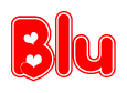 The image is a red and white graphic with the word Blu written in a decorative script. Each letter in  is contained within its own outlined bubble-like shape. Inside each letter, there is a white heart symbol.
