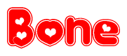 The image is a clipart featuring the word Bone written in a stylized font with a heart shape replacing inserted into the center of each letter. The color scheme of the text and hearts is red with a light outline.