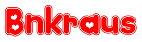 The image is a red and white graphic with the word Bnkraus written in a decorative script. Each letter in  is contained within its own outlined bubble-like shape. Inside each letter, there is a white heart symbol.