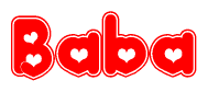 The image is a red and white graphic with the word Baba written in a decorative script. Each letter in  is contained within its own outlined bubble-like shape. Inside each letter, there is a white heart symbol.