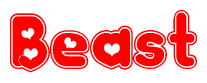 The image is a clipart featuring the word Beast written in a stylized font with a heart shape replacing inserted into the center of each letter. The color scheme of the text and hearts is red with a light outline.