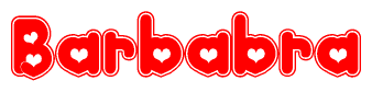 The image is a clipart featuring the word Barbabra written in a stylized font with a heart shape replacing inserted into the center of each letter. The color scheme of the text and hearts is red with a light outline.