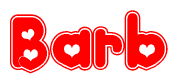 The image is a red and white graphic with the word Barb written in a decorative script. Each letter in  is contained within its own outlined bubble-like shape. Inside each letter, there is a white heart symbol.