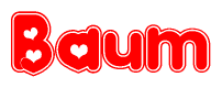The image is a red and white graphic with the word Baum written in a decorative script. Each letter in  is contained within its own outlined bubble-like shape. Inside each letter, there is a white heart symbol.
