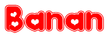 The image is a clipart featuring the word Banan written in a stylized font with a heart shape replacing inserted into the center of each letter. The color scheme of the text and hearts is red with a light outline.