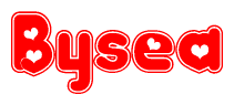 The image is a red and white graphic with the word Bysea written in a decorative script. Each letter in  is contained within its own outlined bubble-like shape. Inside each letter, there is a white heart symbol.
