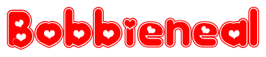 The image is a red and white graphic with the word Bobbieneal written in a decorative script. Each letter in  is contained within its own outlined bubble-like shape. Inside each letter, there is a white heart symbol.