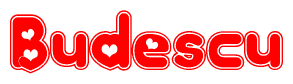 The image is a clipart featuring the word Budescu written in a stylized font with a heart shape replacing inserted into the center of each letter. The color scheme of the text and hearts is red with a light outline.