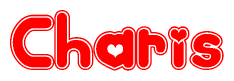 The image is a clipart featuring the word Charis written in a stylized font with a heart shape replacing inserted into the center of each letter. The color scheme of the text and hearts is red with a light outline.