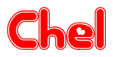 The image is a red and white graphic with the word Chel written in a decorative script. Each letter in  is contained within its own outlined bubble-like shape. Inside each letter, there is a white heart symbol.