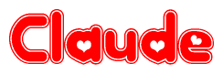 The image is a red and white graphic with the word Claude written in a decorative script. Each letter in  is contained within its own outlined bubble-like shape. Inside each letter, there is a white heart symbol.