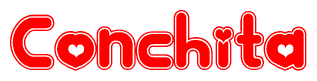 The image is a red and white graphic with the word Conchita written in a decorative script. Each letter in  is contained within its own outlined bubble-like shape. Inside each letter, there is a white heart symbol.