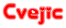 The image displays the word Cvejic written in a stylized red font with hearts inside the letters.