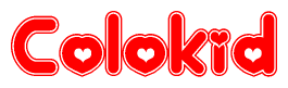 The image is a red and white graphic with the word Colokid written in a decorative script. Each letter in  is contained within its own outlined bubble-like shape. Inside each letter, there is a white heart symbol.