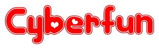 The image is a red and white graphic with the word Cyberfun written in a decorative script. Each letter in  is contained within its own outlined bubble-like shape. Inside each letter, there is a white heart symbol.