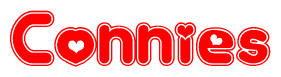 The image displays the word Connies written in a stylized red font with hearts inside the letters.