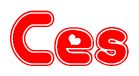 The image is a red and white graphic with the word Ces written in a decorative script. Each letter in  is contained within its own outlined bubble-like shape. Inside each letter, there is a white heart symbol.