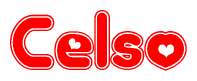 The image is a clipart featuring the word Celso written in a stylized font with a heart shape replacing inserted into the center of each letter. The color scheme of the text and hearts is red with a light outline.