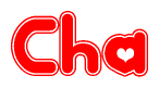 The image is a clipart featuring the word Cha written in a stylized font with a heart shape replacing inserted into the center of each letter. The color scheme of the text and hearts is red with a light outline.