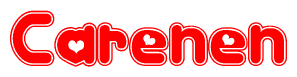 The image is a red and white graphic with the word Carenen written in a decorative script. Each letter in  is contained within its own outlined bubble-like shape. Inside each letter, there is a white heart symbol.