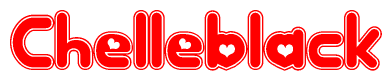 The image is a red and white graphic with the word Chelleblack written in a decorative script. Each letter in  is contained within its own outlined bubble-like shape. Inside each letter, there is a white heart symbol.