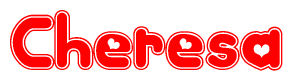 The image is a red and white graphic with the word Cheresa written in a decorative script. Each letter in  is contained within its own outlined bubble-like shape. Inside each letter, there is a white heart symbol.