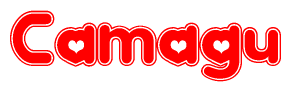 The image displays the word Camagu written in a stylized red font with hearts inside the letters.