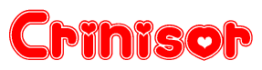 The image is a red and white graphic with the word Crinisor written in a decorative script. Each letter in  is contained within its own outlined bubble-like shape. Inside each letter, there is a white heart symbol.