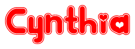 The image is a clipart featuring the word Cynthia written in a stylized font with a heart shape replacing inserted into the center of each letter. The color scheme of the text and hearts is red with a light outline.