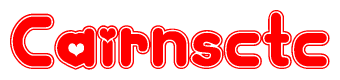 The image is a red and white graphic with the word Cairnsctc written in a decorative script. Each letter in  is contained within its own outlined bubble-like shape. Inside each letter, there is a white heart symbol.