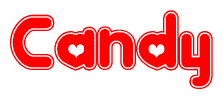 The image is a clipart featuring the word Candy written in a stylized font with a heart shape replacing inserted into the center of each letter. The color scheme of the text and hearts is red with a light outline.