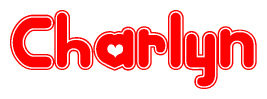 The image is a red and white graphic with the word Charlyn written in a decorative script. Each letter in  is contained within its own outlined bubble-like shape. Inside each letter, there is a white heart symbol.