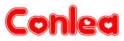 The image is a clipart featuring the word Conlea written in a stylized font with a heart shape replacing inserted into the center of each letter. The color scheme of the text and hearts is red with a light outline.