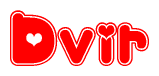 The image is a red and white graphic with the word Dvir written in a decorative script. Each letter in  is contained within its own outlined bubble-like shape. Inside each letter, there is a white heart symbol.