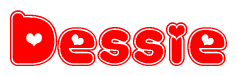 The image is a red and white graphic with the word Dessie written in a decorative script. Each letter in  is contained within its own outlined bubble-like shape. Inside each letter, there is a white heart symbol.