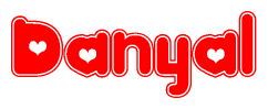 The image is a red and white graphic with the word Danyal written in a decorative script. Each letter in  is contained within its own outlined bubble-like shape. Inside each letter, there is a white heart symbol.