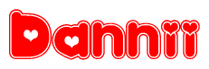 The image is a red and white graphic with the word Dannii written in a decorative script. Each letter in  is contained within its own outlined bubble-like shape. Inside each letter, there is a white heart symbol.