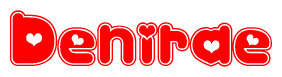 The image is a clipart featuring the word Denirae written in a stylized font with a heart shape replacing inserted into the center of each letter. The color scheme of the text and hearts is red with a light outline.