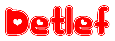 The image is a clipart featuring the word Detlef written in a stylized font with a heart shape replacing inserted into the center of each letter. The color scheme of the text and hearts is red with a light outline.