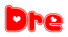 The image is a clipart featuring the word Dre written in a stylized font with a heart shape replacing inserted into the center of each letter. The color scheme of the text and hearts is red with a light outline.