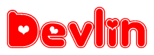 The image is a clipart featuring the word Devlin written in a stylized font with a heart shape replacing inserted into the center of each letter. The color scheme of the text and hearts is red with a light outline.
