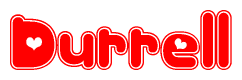 The image is a red and white graphic with the word Durrell written in a decorative script. Each letter in  is contained within its own outlined bubble-like shape. Inside each letter, there is a white heart symbol.