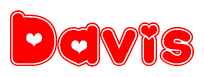 The image is a clipart featuring the word Davis written in a stylized font with a heart shape replacing inserted into the center of each letter. The color scheme of the text and hearts is red with a light outline.