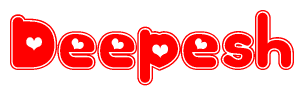 The image is a red and white graphic with the word Deepesh written in a decorative script. Each letter in  is contained within its own outlined bubble-like shape. Inside each letter, there is a white heart symbol.